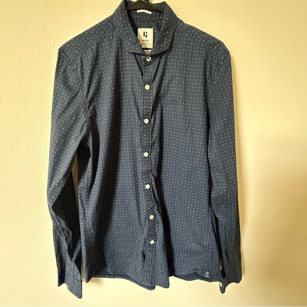Garcia Men’s Button Up Shirt Large Blue Micro Print Stretch Cotton Slim Casual